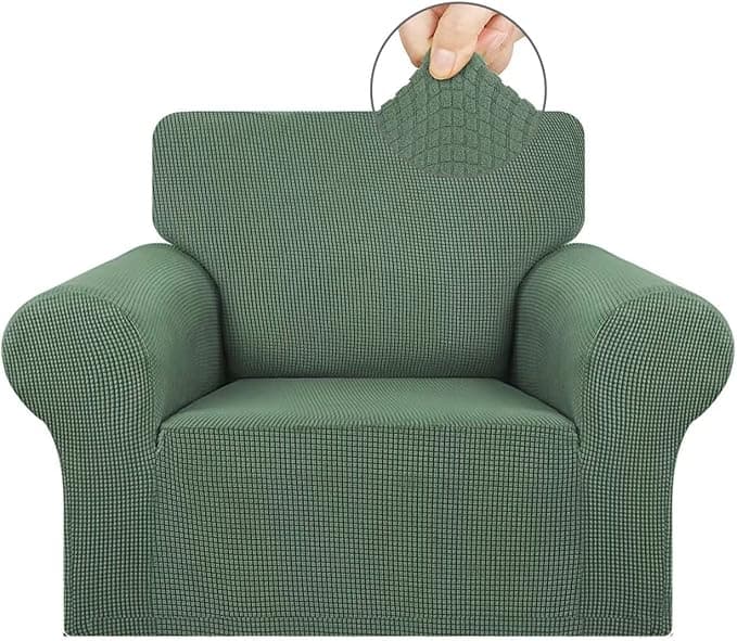 KEKUOU Stretch Single Sofa Slipcover 1 Piece Couch Sofa Cover (31"-55") Furniture Protector 1 Seater Sofa with Elastic Bottom for Kids,Pet.Jacquard Small Checked Pattern Fabric(Small,Greyish Green)