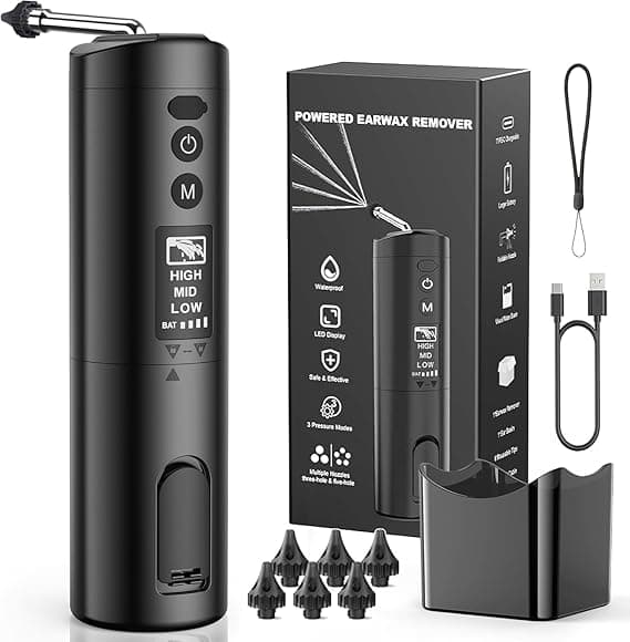 Updated Ear Wax Removal Kit, IPX7 Waterproof Ear Cleaning Tool with Clear LED Display, USB Rechargeable Electric Ear Irrigation Flushing System, Safe and Effective Electric Ear Cleaner Tool