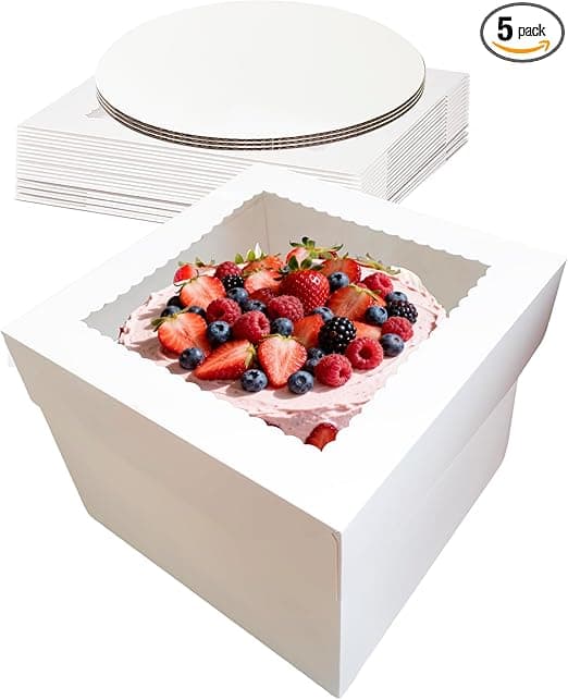 5 Pack Cake Boxes,10x10x8 Inch Tall Cake Box with Cake Boards,Disposable Cake Containers with Lids,White Bakery Boxes with Large Window,for Layer Cakes,Pies,Donuts,Cookies,Wedding,Birthday,Party