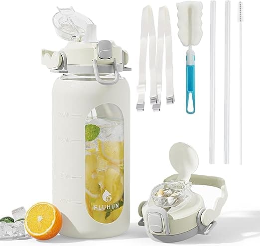 64 Oz Glass Water Bottles with Straw Lid and Handle, Half Gallon Water Bottle Glass with Silicone Sleeve and Strap, Motivational Glass Bottle with Time Marker, Reusable Sport Water Jug (White)