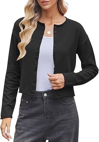 Women Crop Knit Cardigan Lightweight Crewneck Button Up Sweater Fitted Short Cardigans Layering Top