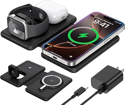 3 in 1 Charging Station for Apple,Travel Charger for Multiple Devices for iPhone,Foldable Magnetic Charger for iPhone 16 15 14 13 12 pro max&AirPods 4/3/Pro/Pro 2&Apple Watch(Black)