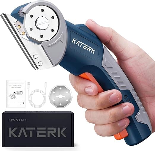 Katerk Cordless Electric Scissors with Safety Lock & LED Light, Pocket-sized Box Carpet Cardboard Cutters Tool, Ambidextrous Use, Rotary Cutter for Fabric, Leather, Plastic, Crafting, Industrial