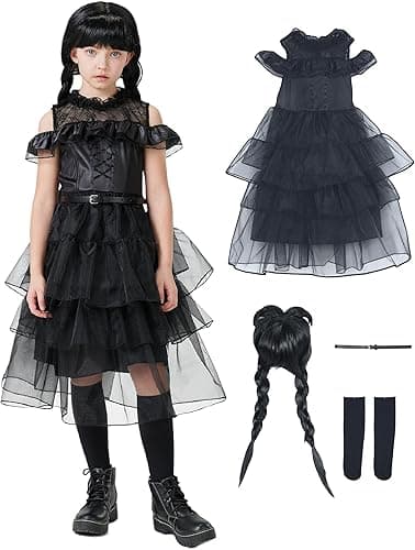 Wednesday Costume Girls Black Gothic Dress Halloween Costumes with Accessories 4Pcs Kids Suit Set Cosplay Party Outfit
