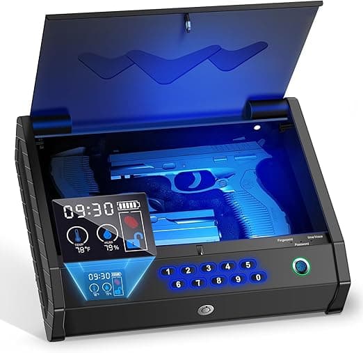 Gun Safe, Biometric Gun Safes for Handgun with LCD of Temp Humidity Battery, USB-C Port, Fingerprint Quick Access Pistol Safe for Home Bedside Nightstand Car