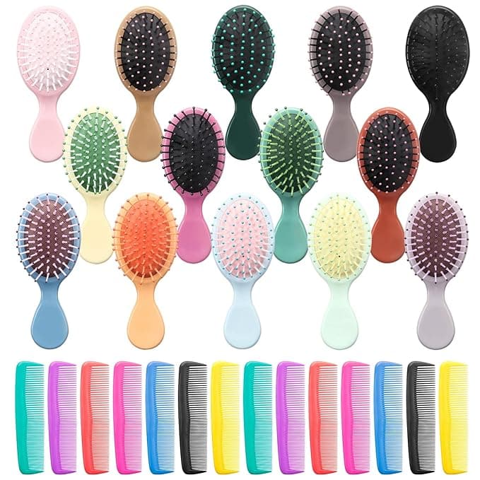 Mini Hair Brush 28 Pack, ANSLCA Hair Brushes Bulk Small Brush Set - Include 14 Travel Brush + 14 Fine Wide Detangling Hair Combs Wet Dry Hair for Girls Women Boys Men Kids (Stylish Colorful)