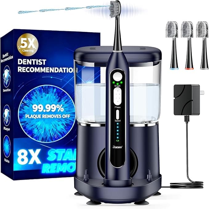 Electric Toothbrush with Water Flosser, Upgrade Flossing Toothbrush Combo, 5 Floss Speeds&3 Brush Modes, 500mL Tank, 30-Day Battery, for Adults & Teens, Gums, Braces, Dental Care,Off-Blue