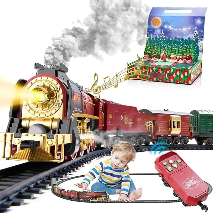 Train Set with Gift Case and Remote Control, Train Toys with Smoke, Light and Sound, Christmas Train Sets for Around The Tree, Toy Train Set for 3 4 5 6 7 8+ Years Old Boys Toddlers Gifts